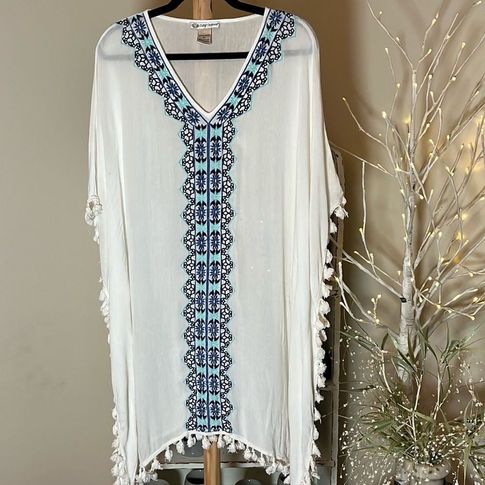 Asymmetrical Blue and White Embellished Tunic Top